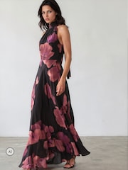 Religion Pink/Black Floral Fire Print Valeria Maxi Halterneck Dress - Image 4 of 8