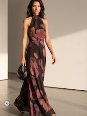 Religion Pink/Black Floral Fire Print Valeria Maxi Halterneck Dress - Image 5 of 8