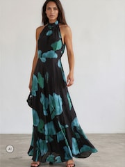 Religion Blue/Green Floral Fire Print Valeria Maxi Halterneck Dress - Image 1 of 8