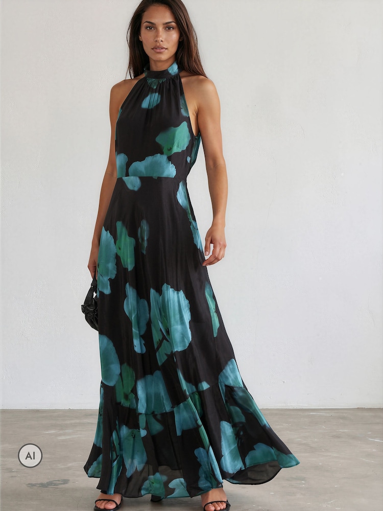 Religion Blue/Green Floral Fire Print Valeria Maxi Halterneck Dress - Image 1 of 8