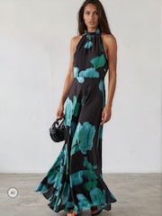 Religion Blue/Green Floral Fire Print Valeria Maxi Halterneck Dress - Image 2 of 8