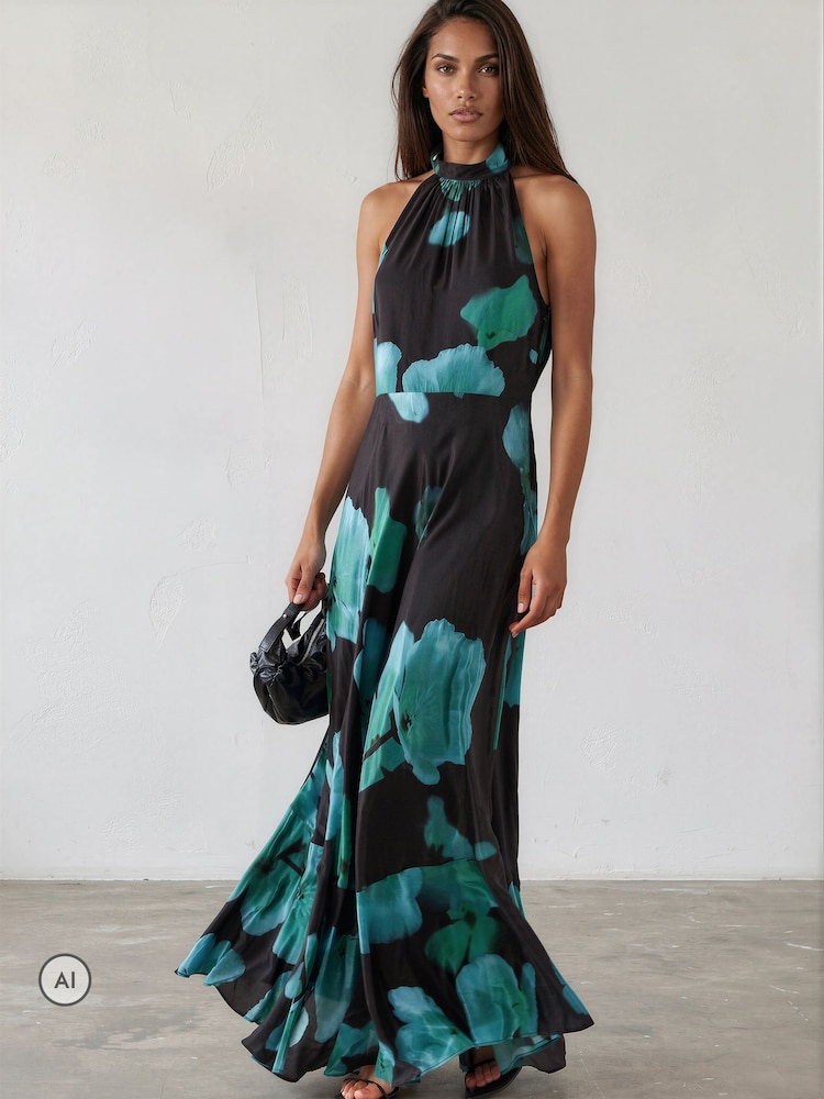 Religion Blue/Green Floral Fire Print Valeria Maxi Halterneck Dress - Image 2 of 8