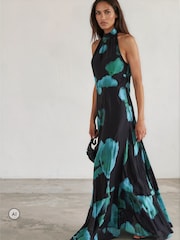 Religion Blue/Green Floral Fire Print Valeria Maxi Halterneck Dress - Image 4 of 8