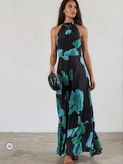 Religion Blue/Green Floral Fire Print Valeria Maxi Halterneck Dress - Image 5 of 8