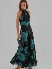 Religion Blue/Green Floral Fire Print Valeria Maxi Halterneck Dress - Image 8 of 8