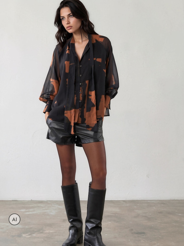 Religion Brown Liv High Neck Button-thru Blouse With Tie Sash - Image 1 of 8 Religion Brown Liv High Neck Button-thru Blouse With Tie Sash - Image 1 of 8