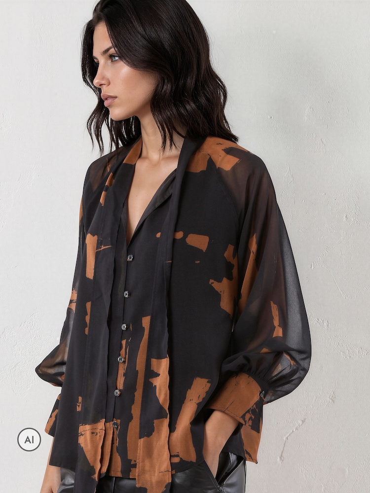 Religion Brown Liv High Neck Button-thru Blouse With Tie Sash - Image 2 of 8 Religion Brown Liv High Neck Button-thru Blouse With Tie Sash - Image 2 of 8