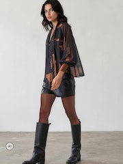 Religion Brown Liv High Neck Button-thru Blouse With Tie Sash - Image 3 of 8