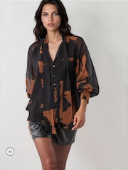Religion Brown Liv High Neck Button-thru Blouse With Tie Sash - Image 4 of 8