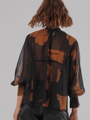Religion Brown Liv High Neck Button-thru Blouse With Tie Sash - Image 6 of 8