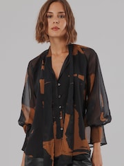 Religion Brown Liv High Neck Button-thru Blouse With Tie Sash - Image 7 of 8