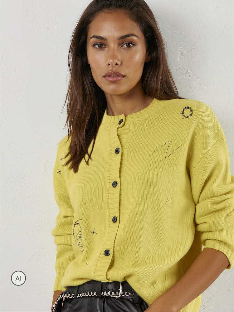 Religion Yellow Cute Mini Maddie Cardigan with Embroidery Designs - Image 1 of 8 Religion Yellow Cute Mini Maddie Cardigan with Embroidery Designs - Image 1 of 8