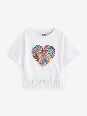 Ecru White 100% Cotton Sequin Heart T-Shirt (3-16yrs) - Image 1 of 3