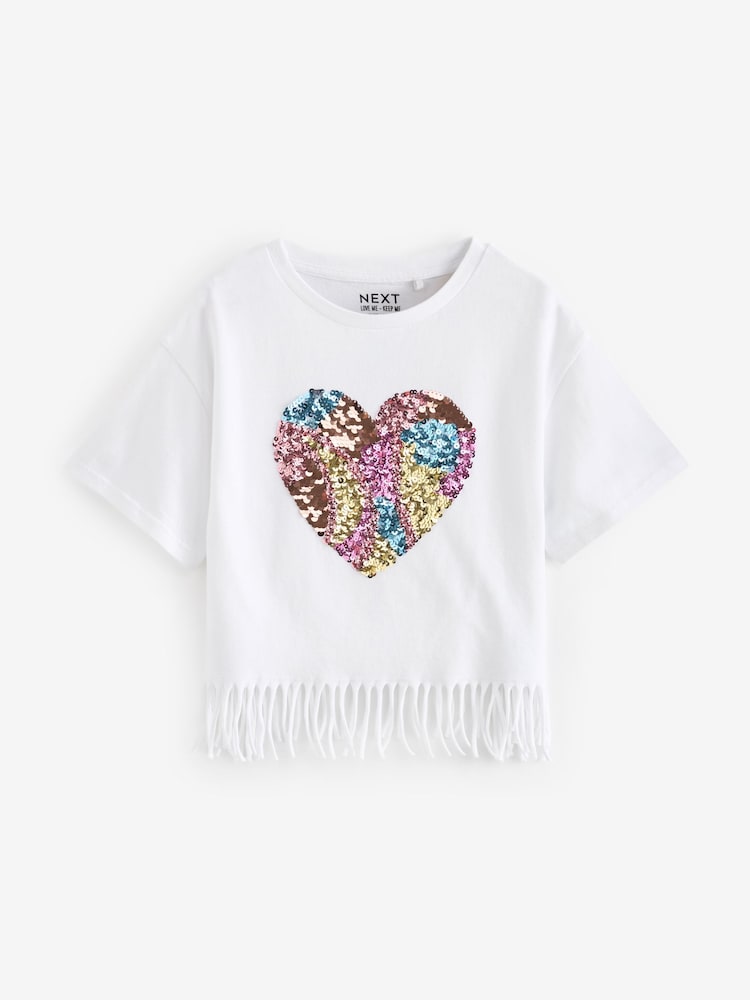 Ecru White 100% Cotton Sequin Heart T-Shirt (3-16yrs) - Image 1 of 3