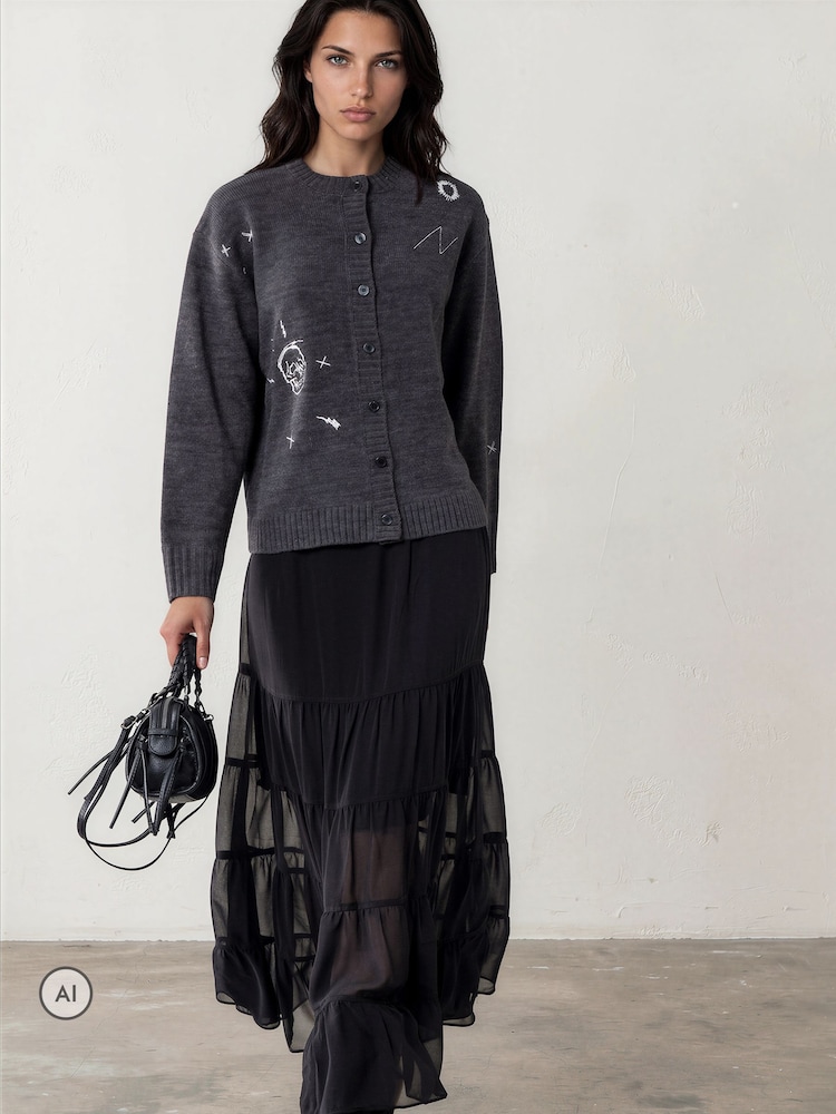 Religion Grey Cute Mini Maddie Cardigan with Embroidery Designs - Image 1 of 6 Religion Grey Cute Mini Maddie Cardigan with Embroidery Designs - Image 1 of 6
