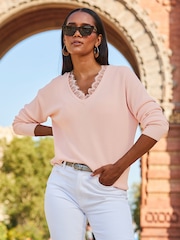 Sosandar Pink V-Neck Lace Trim Jumper - Image 1 of 5