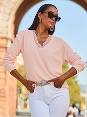 Sosandar Pink V-Neck Lace Trim Jumper - Image 3 of 5