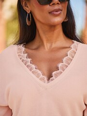 Sosandar Pink V-Neck Lace Trim Jumper - Image 5 of 5