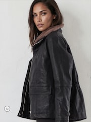 Religion Black Leather Rey Jacket with Funnel Neck Fur Collar - Image 3 of 8