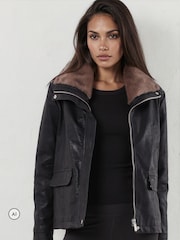Religion Black Leather Rey Jacket with Funnel Neck Fur Collar - Image 8 of 8