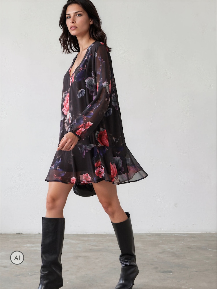 Itim - Religion The Edie Tunic Mini Dress na may Bold na Façade Print na may Cuffed na Manggas - Larawan 1 ng 8 Itim - Religion The Edie Tunic Mini Dress na may Bold na Façade Print na may Cuffed na Manggas - Larawan 1 ng 8