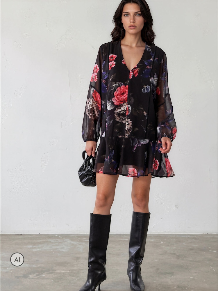 Itim - Religion The Edie Tunic Mini Dress na may Bold na Façade Print na may Cuffed na Manggas - Larawan 2 ng 8 Itim - Religion The Edie Tunic Mini Dress na may Bold na Façade Print na may Cuffed na Manggas - Larawan 2 ng 8