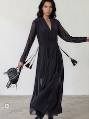 Religion Black Alfa Maxi Dress With Tassle Tie Waist Band And Sheer Sleeves - Image 2 of 8