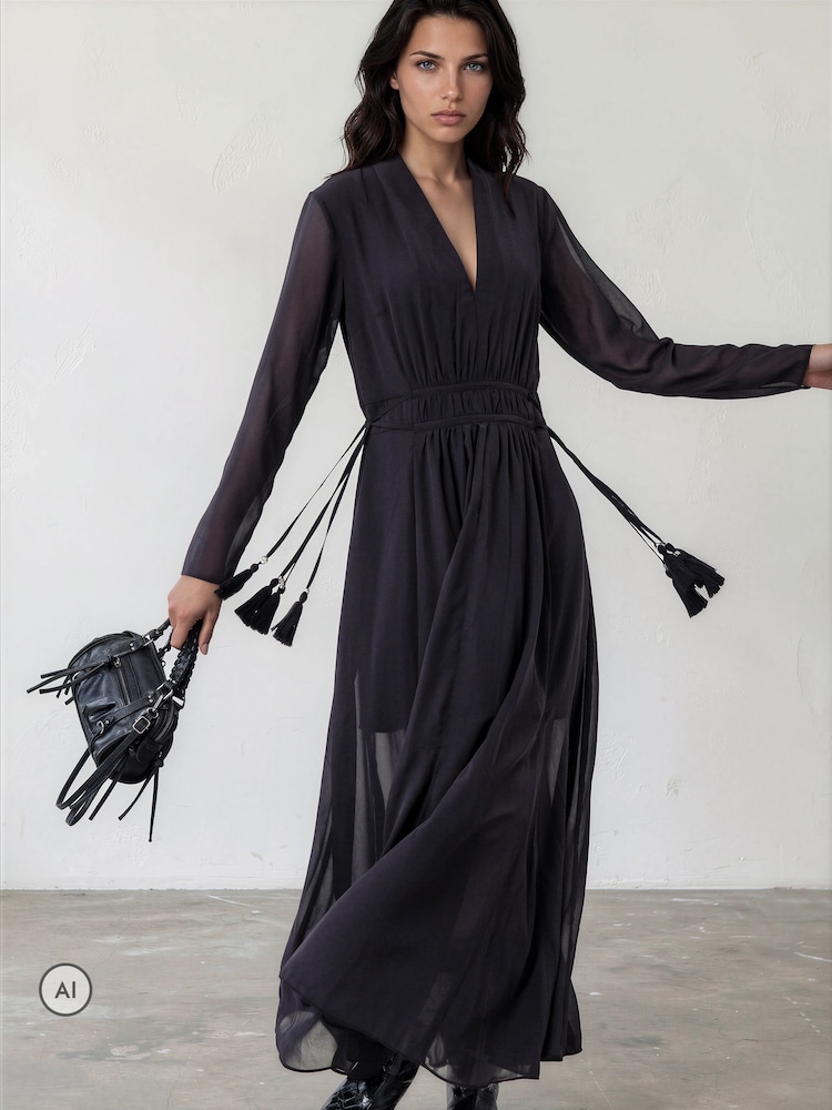 Religion Black Alfa Maxi Dress With Tassle Tie Waist Band And Sheer Sleeves - Image 2 of 8 Religion Black Alfa Maxi Dress With Tassle Tie Waist Band And Sheer Sleeves - Image 2 of 8