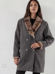 Religion Serena Boxy Double Breasted Charcoal Coat With Fur Collar - صورة 1 من 8