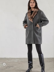 Religion Serena Boxy Double Breasted Charcoal Coat With Fur Collar - صورة 2 من 8