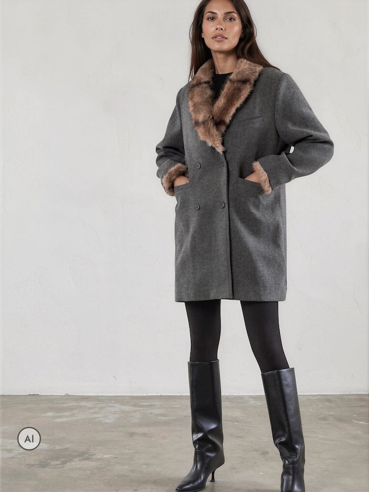 Religion Serena Boxy Double Breasted Charcoal Coat With Fur Collar - صورة 2 من 8 Religion Serena Boxy Double Breasted Charcoal Coat With Fur Collar - صورة 2 من 8