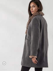 Religion Serena Boxy Double Breasted Charcoal Coat With Fur Collar - صورة 3 من 8
