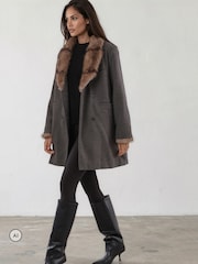 Religion Serena Boxy Double Breasted Charcoal Coat With Fur Collar - صورة 4 من 8