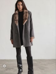 Religion Serena Boxy Double Breasted Charcoal Coat With Fur Collar - صورة 7 من 8