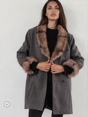 Religion Serena Boxy Double Breasted Charcoal Coat With Fur Collar - صورة 8 من 8