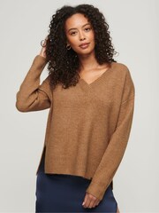 Superdry Brown Oversized V-Neck Jumper - Image 1 of 4