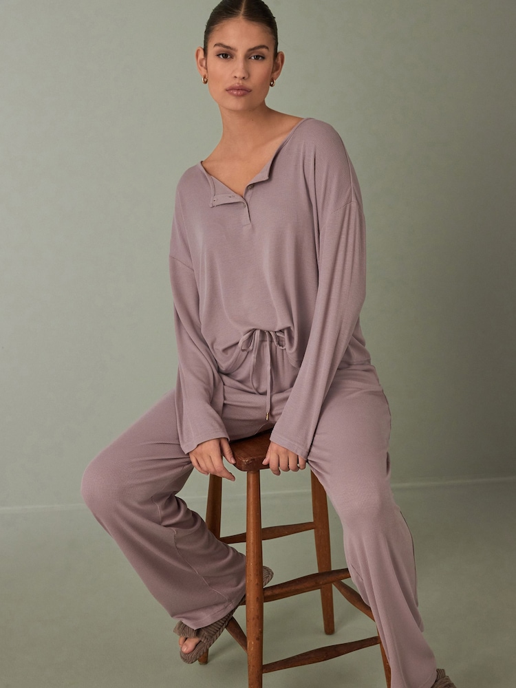 Mauve Purple Rib Long Sleeve Pyjamas - Image 1 of 9