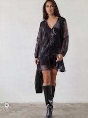 Asul - Religion The Edie Tunic Mini Dress na may Bold na Façade Print na may Cuffed na Manggas - Larawan 3 ng 8