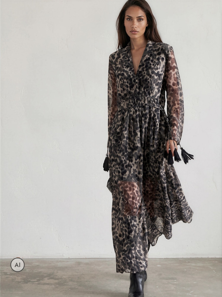 Religion Animal Leopard Print Alfa Maxi Dress With Tassle Tie Waist Band And Sheer Sleeves - Image 1 of 8
