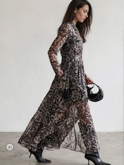 Religion Animal Leopard Print Alfa Maxi Dress With Tassle Tie Waist Band And Sheer Sleeves - Image 2 of 8