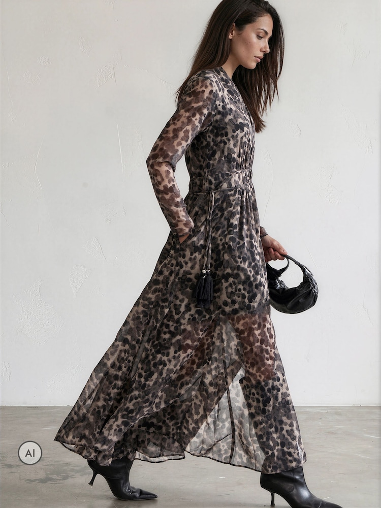 Religion Animal Leopard Print Alfa Maxi Dress With Tassle Tie Waist Band And Sheer Sleeves - Image 2 of 8