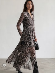 Religion Animal Leopard Print Alfa Maxi Dress With Tassle Tie Waist Band And Sheer Sleeves - Image 3 of 8