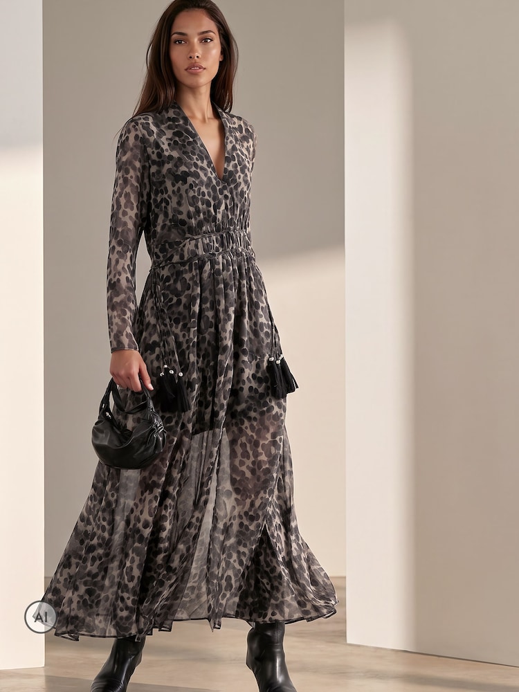 Religion Animal Leopard Print Alfa Maxi Dress With Tassle Tie Waist Band And Sheer Sleeves - Image 8 of 8