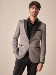 Charcoal Grey Slim Fit Satin Jacquard Blazer - Image 1 of 11