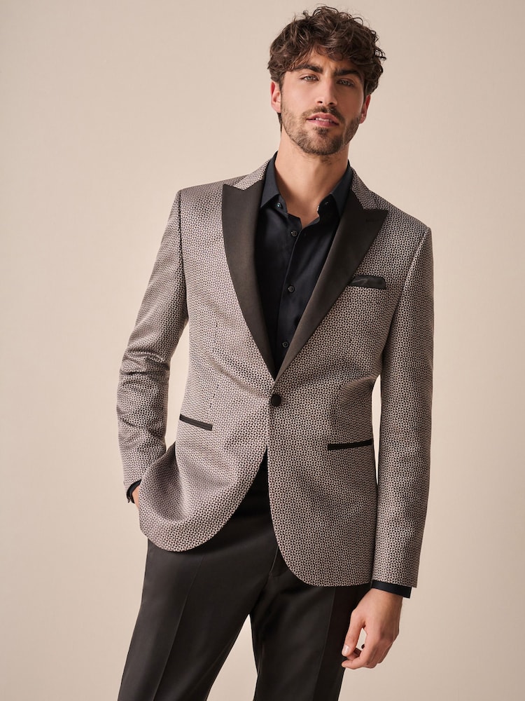 Charcoal Grey Slim Fit Satin Jacquard Blazer - Image 1 of 11