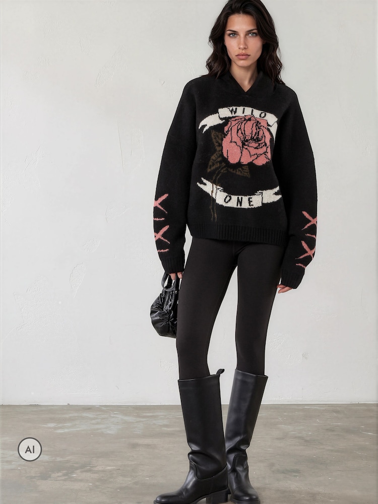 Religion Black Layla Hoodie Jumper with Large Jaquard Rose Wild one design - Image 1 of 8 Religion Black Layla Hoodie Jumper with Large Jaquard Rose Wild one design - Image 1 of 8