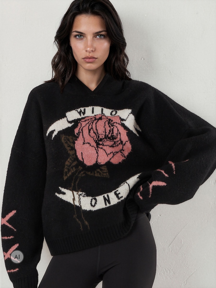 Religion Black Layla Hoodie Jumper with Large Jaquard Rose Wild one design - Image 2 of 8 Religion Black Layla Hoodie Jumper with Large Jaquard Rose Wild one design - Image 2 of 8