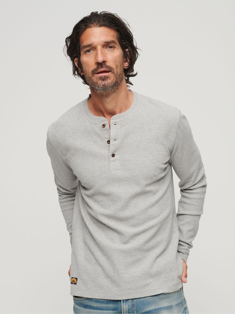 Szary - Superdry 100% Cotton Waffle Long Sleeve Henley Top - Image 1 of 7