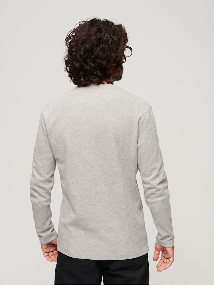 Szary - Superdry 100% Cotton Waffle Long Sleeve Henley Top - Image 4 of 7
