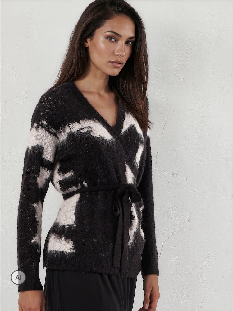 Religion Black Bella Wrap Cardigan With Tie Waist And Soft Pink Pattern - Image 2 of 8 Religion Black Bella Wrap Cardigan With Tie Waist And Soft Pink Pattern - Image 2 of 8